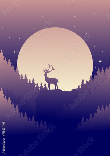 Silhouette of deer standing on the cliff in night forest. Magical misty landscape  full moon with stars