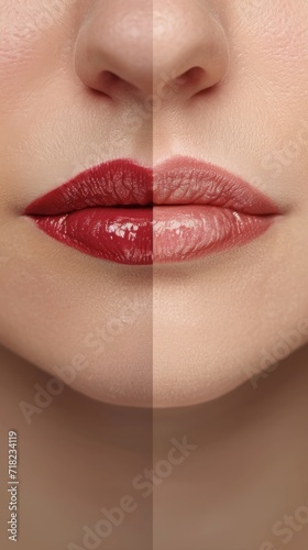 Transformation of a Womans Lips With Makeup, Before and After