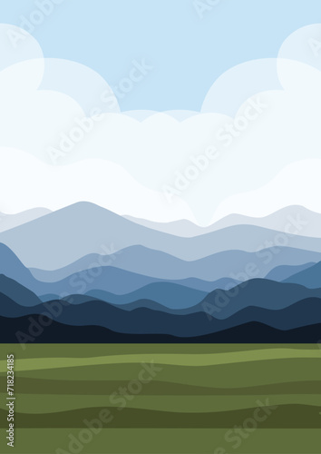 Vector illustration of beautiful summer fields landscape. Blue hills  bright color cloudy blue sky  country background.