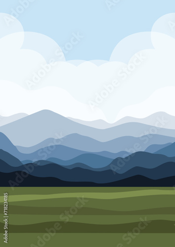 Vector illustration of beautiful summer fields landscape. Blue hills, bright color cloudy blue sky, country background.