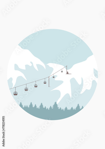 Vector illustration of ski resort with snowy hill. Winter mountain landscape, slope, ski lift. Holiday activity in Alps.