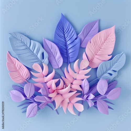 Set of delicately crafted plasticine leaves in a pastel bouquet of pink, lilac, and baby blue, set against a tranquil background.