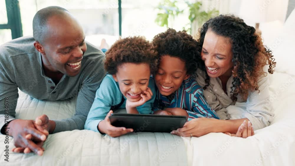 Black family, bed and tablet with youth game, smile and funny meme in the morning. Laughing, tech and happy father with children and mother together with care, social media and web at home online Black family, bed and tablet with youth game, smile and funny meme in the morning. Laughing, tech and happy father with children and mother together with care, social media and web at home online