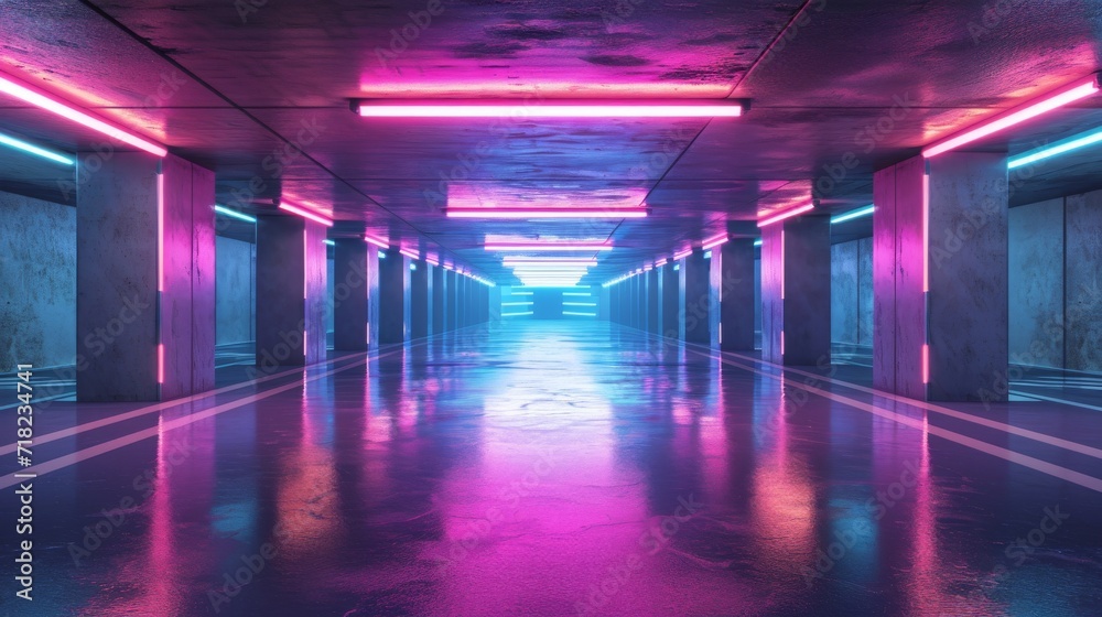 Long Hallway Illuminated by Purple and Blue Lights Leading to an Enigmatic Destination