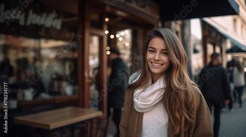 Portrait of girl walking around the city. Pretty young woman on summer street. Concept of recreation, leisure. AI generated photo