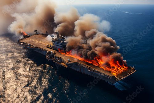 Photo of USS latest technology nuclear powered aircraft carrier anchored in deep blue open ocean photo