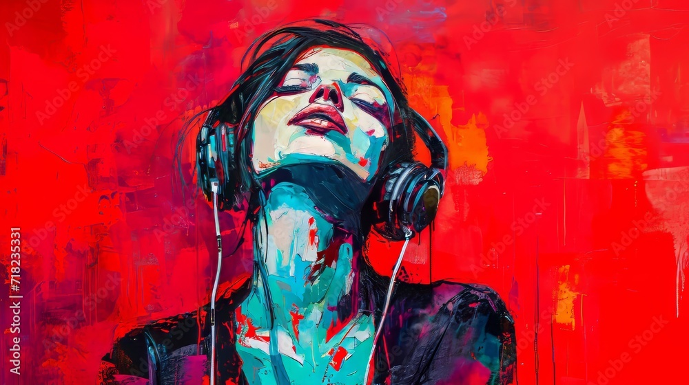 Painting of Woman With Headphones, A Contemporary Artwork Depicting a Female Listening to Music