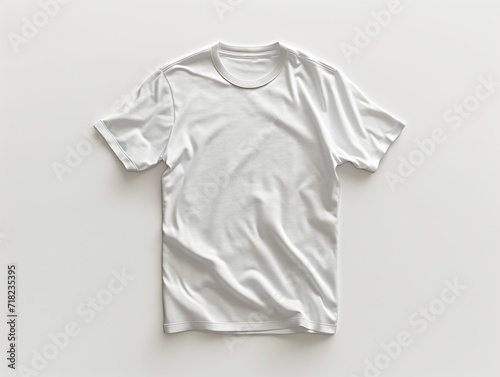 A realistic 3d blank mockup of a white t-shirt, lying on a white floor. Created with Generative AI.