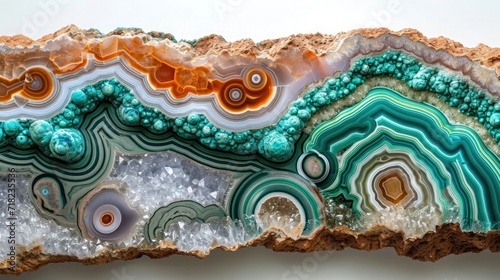 Artistic arrangement of patterned Agate, banded Malachite, and vibrant Chrysoprase, creating a visual feast against a white backdrop