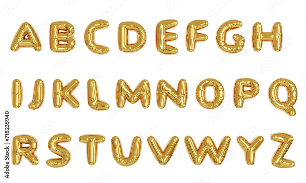 Inflatable english alphabet capital letter from K to R. Realistic three-dimensional set of floating golden toy balloon for greeting lettering. 3D illustration on transparent background.

