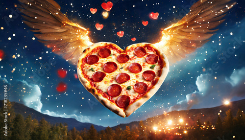 Heart-shaped Pizza Flying on the Sky - Online Delivery Concept