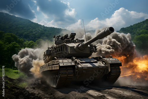Modern tank on the battlefield, armed with a huge cannon photo