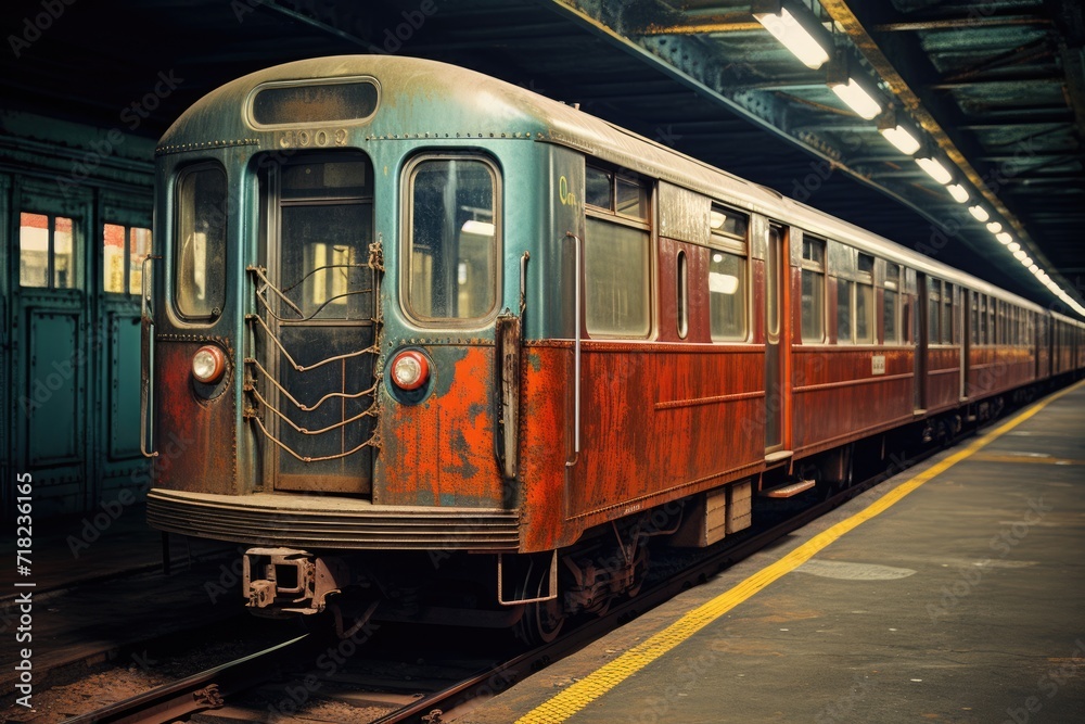 Vintage New York City Subway Car. Commute in Metropolitan City with Train in Bronx and Brooklyn