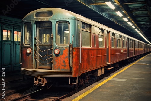 Vintage New York City Subway Car. Commute in Metropolitan City with Train in Bronx and Brooklyn