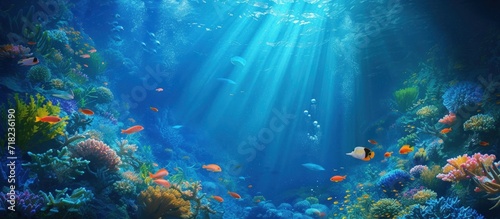 Beautiful undersea scene of blue idyll ocean water nature view landscape. Generate AI image © Leafart