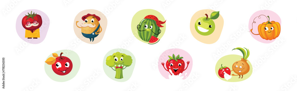 Funny Fruit and Vegetables with Smiling Face Vector Set Funny Fruit and Vegetables with Smiling Face Vector Set