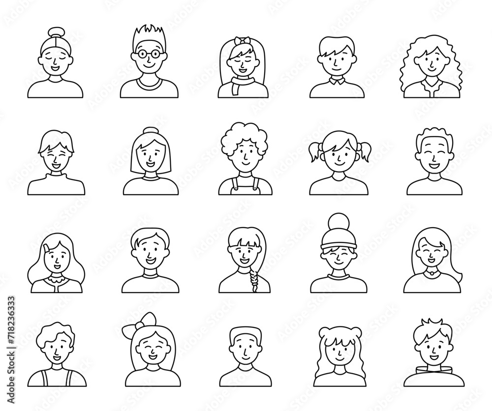 Kids different user profile. Coloring Page. Pretty girl and boy. Young people. Vector drawing. Collection of design elements.