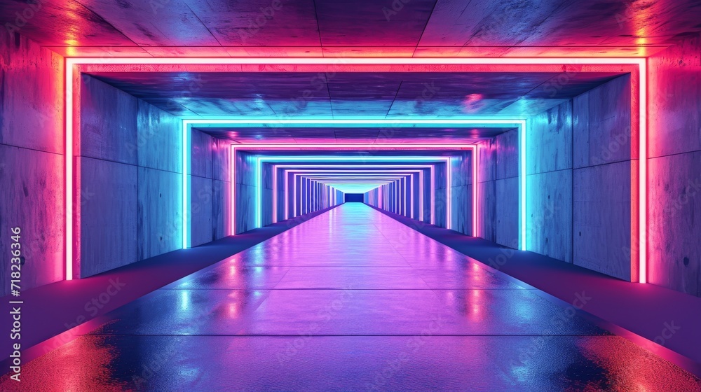 A Long Tunnel With Neon Lights, An Illuminated Passage to Another World