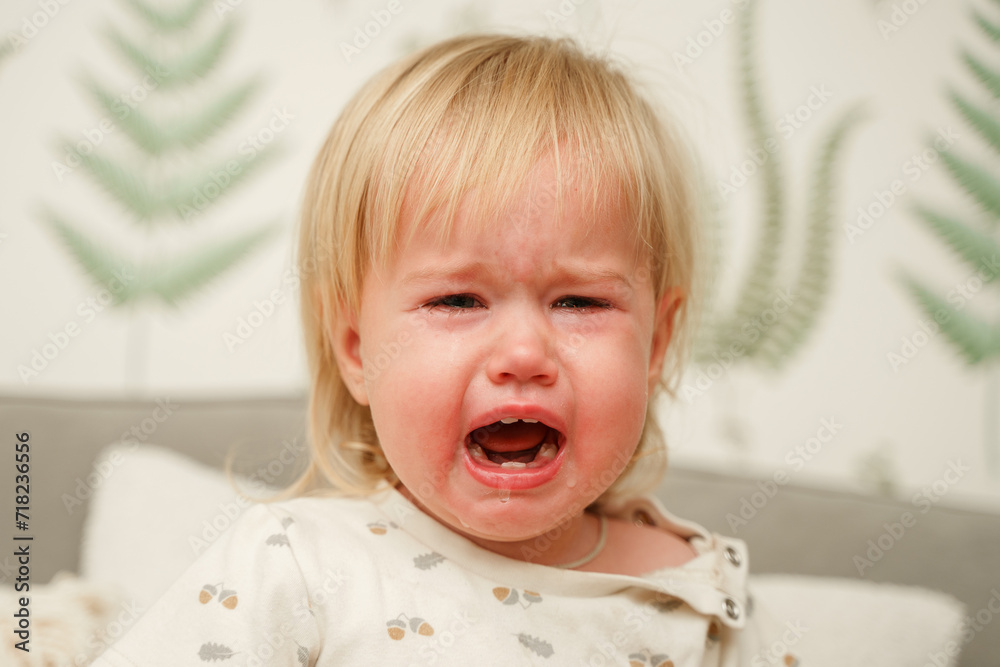 The toddler child is crying and screaming with a red face at home The toddler child is crying and screaming with a red face at home