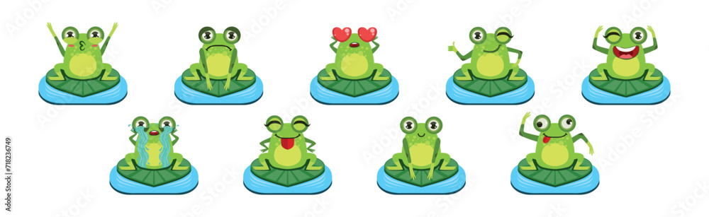 Fototapeta premium Cute Green Frog Character as Croaking Swamp Animal Sit on Pad Vector Set