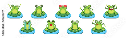 Cute Green Frog Character as Croaking Swamp Animal Sit on Pad Vector Set