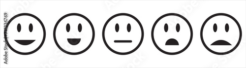 smiley face emoticons. Emoji faces collection. Emoticons set. Emojis flat style. Happy and sad emoji. Line smiley face. Customer feedback. Excellent, good, normal, bad, awful.