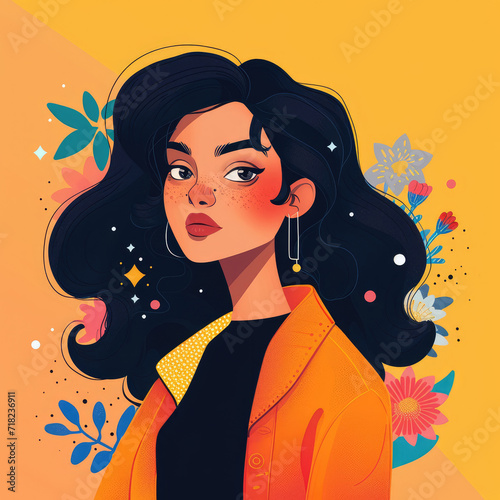 a charming and empowering cartoon-style illustration of a single woman, wearing an orange or yellow suit. It symbolizes positivity, strength, and individuality in the character's expression and postur photo