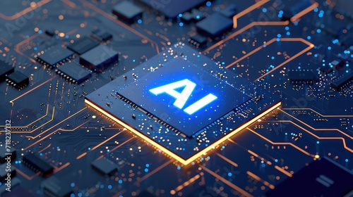A motherboard circuit featuring a central chip adorned with the logo of two letters, 'AI,' at its center photo
