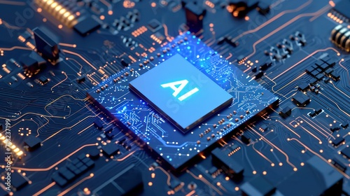 Motherboard circuit displaying a central chip with the logo 'AI' (Artificial Intelligence) at its core.