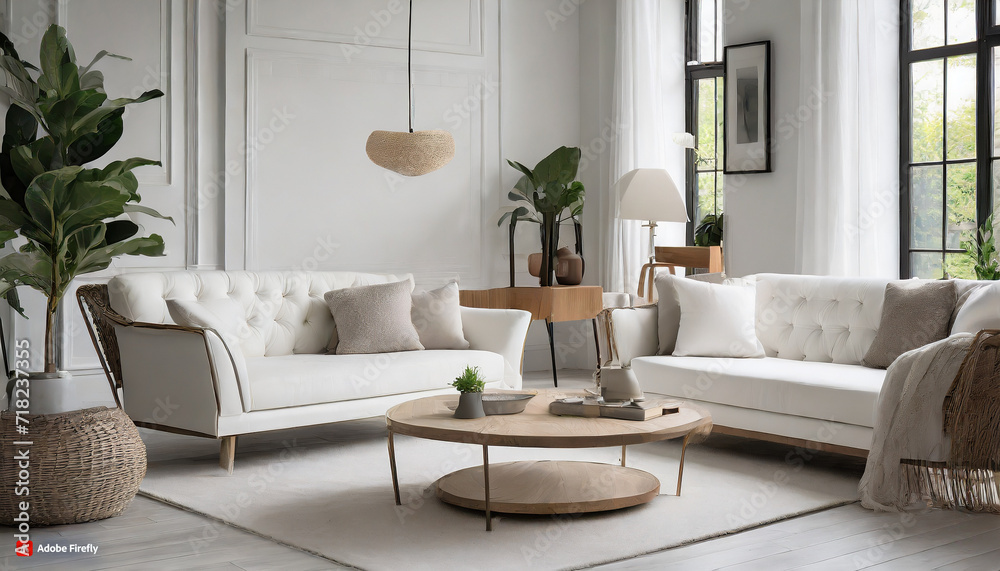 Clean Lines, Cozy Vibes: White Sofa and Armchairs Define a Scandinavian-inspired Living Space Clean Lines, Cozy Vibes: White Sofa and Armchairs Define a Scandinavian-inspired Living Space