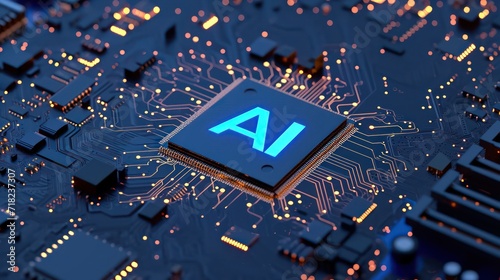 A motherboard circuit featuring a central chip adorned with the logo of two letters, 'AI,' at its center