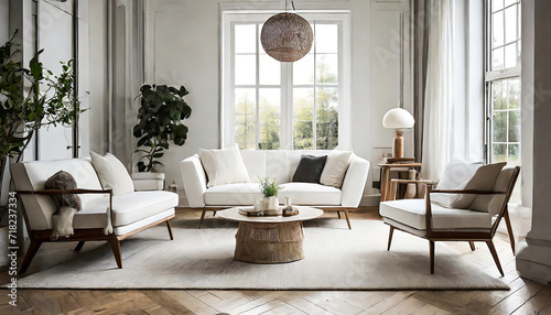 Simplicity in Design: White Sofa and Armchairs Bring Scandinavian Charm to a Modern Living Room