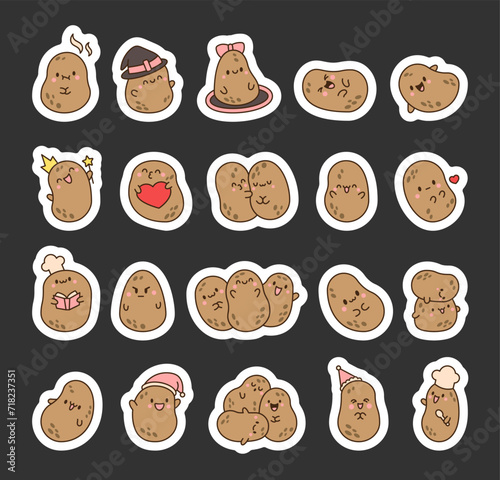 Cute happy potato character. Sticker Bookmark. Cartoon kawaii food with funny face. Hand drawn style. Vector drawing. Collection of design elements.