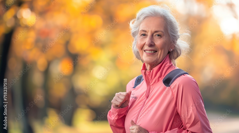 The old woman exercises by jogging in the morning to maintain her health The old woman exercises by jogging in the morning to maintain her health