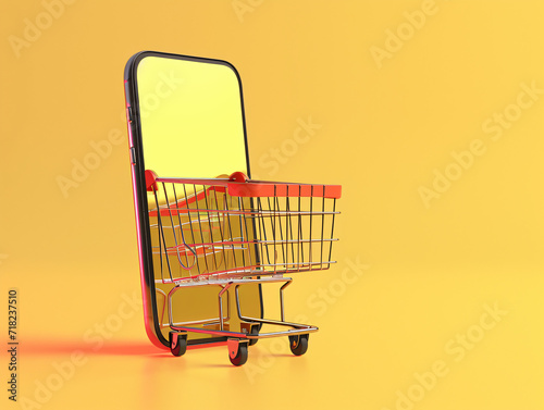 Online shopping concept,  shopping cart on a smartphone, shopping, sales, sale of services, yellow background