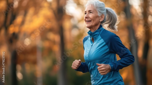 The old woman exercises by jogging in the morning to maintain her health