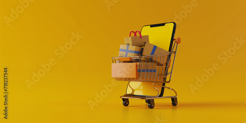 Online shopping concept,  shopping cart on a smartphone, shopping, sales, sale of services, yellow background