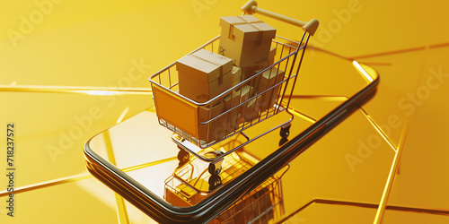 Online shopping concept,  shopping cart on a smartphone, shopping, sales, sale of services, yellow background