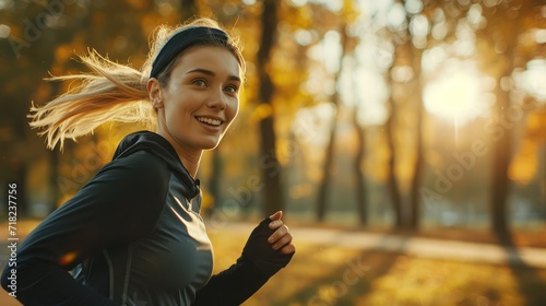 The young woman exercises by jogging in the morning to maintain her health photo