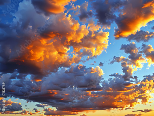 epic colorful sky with clouds at sunset. View towards the horizon. Colors in different shades of blue and light blue, and orange and yellow colors predominate.