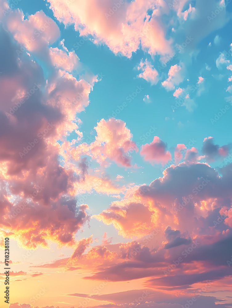 epic colorful sky with clouds at sunset. View towards the horizon. Colors in different shades of blue and light blue, and orange and yellow colors predominate. - obrazy, fototapety, plakaty 