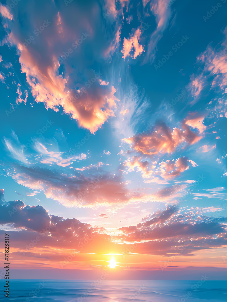 epic colorful sky with clouds at sunset. View towards the horizon. Colors in different shades of blue and light blue, and orange and yellow colors predominate.