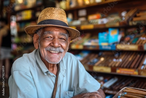 Smiling old caribbean man selling cigars at his tobacco shop photo