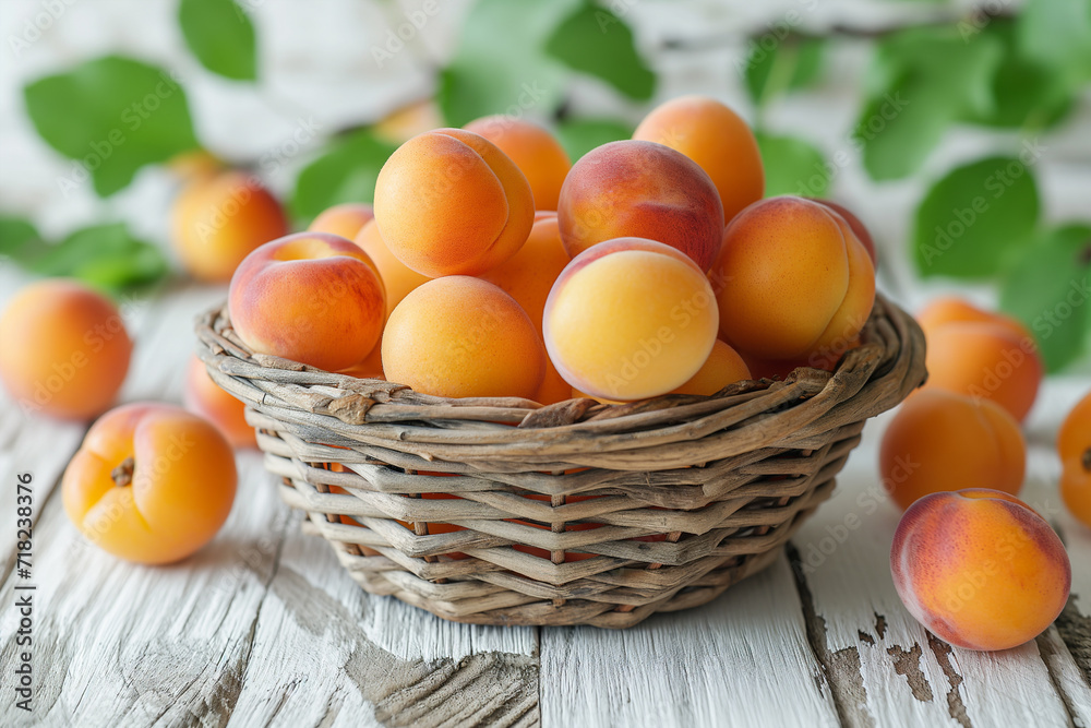 There is a basket of apricots on a wooden table, with apricots lying nearby