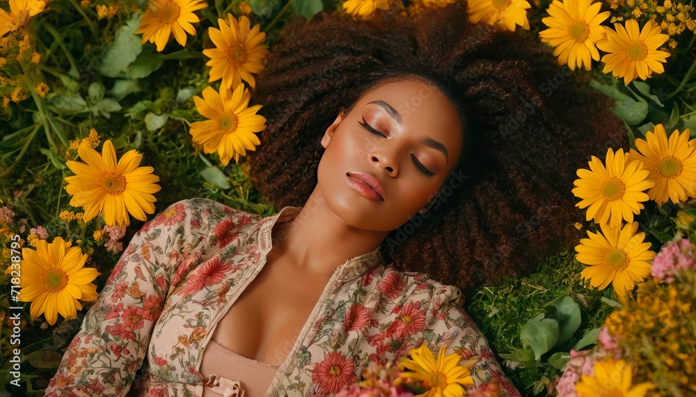 Naklejka premium Beautiful African American woman, wearing floral print clothes, background of bright yellow flowers. Spring composition. Concept of cosmetics, articles, nature, beauty, health and well-being.