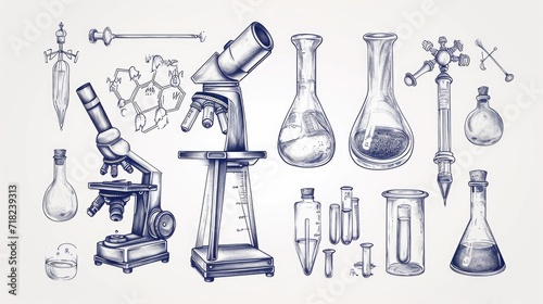 A detailed drawing of a microscope and other laboratory equipment. Perfect for scientific and educational purposes