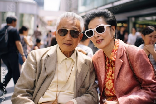 In the heart of the urban landscape, a fashion-forward Asian couple walks hand in hand, their chic ensembles and trendy eyewear reflecting their timeless sense of style.