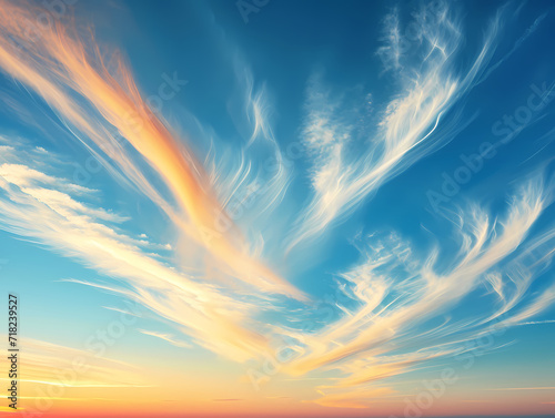 Epic colorful sky with brush stroke clouds at sunset. View towards the horizon. Colors in different shades of blue and light blue, and orange and yellow colors predominate. photo
