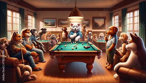 Anthropomorphic dogs playing a friendly game of pool in a cozy pub setting full of character and camaraderie. Playing animals concept. AI generated.