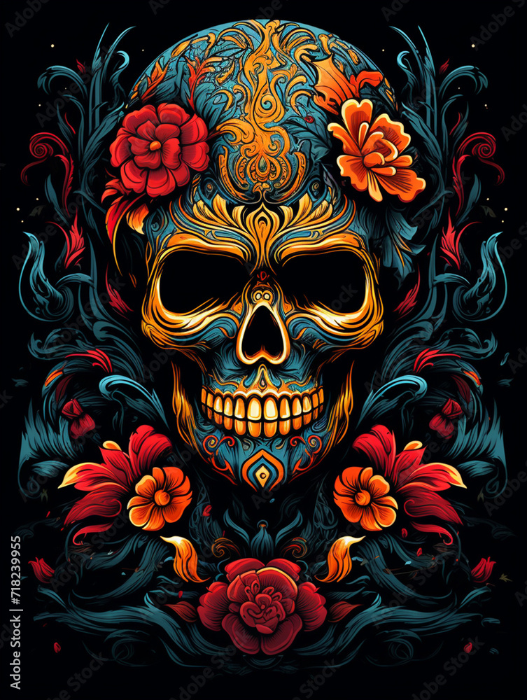 Naklejka premium T-shirt design, an artist's enigmatic portrayal, his face masked with a skull сreated with Generative Ai